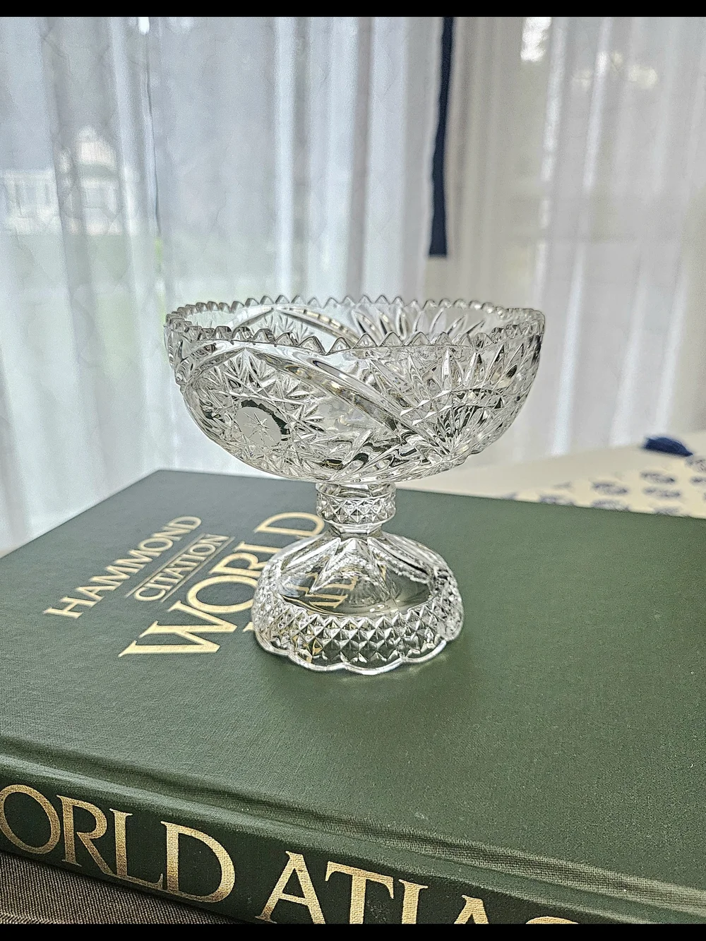VINTAGE Pressed Crystal Glass Pedestal Candy Dish Sawtooth Rim Compote Bowl